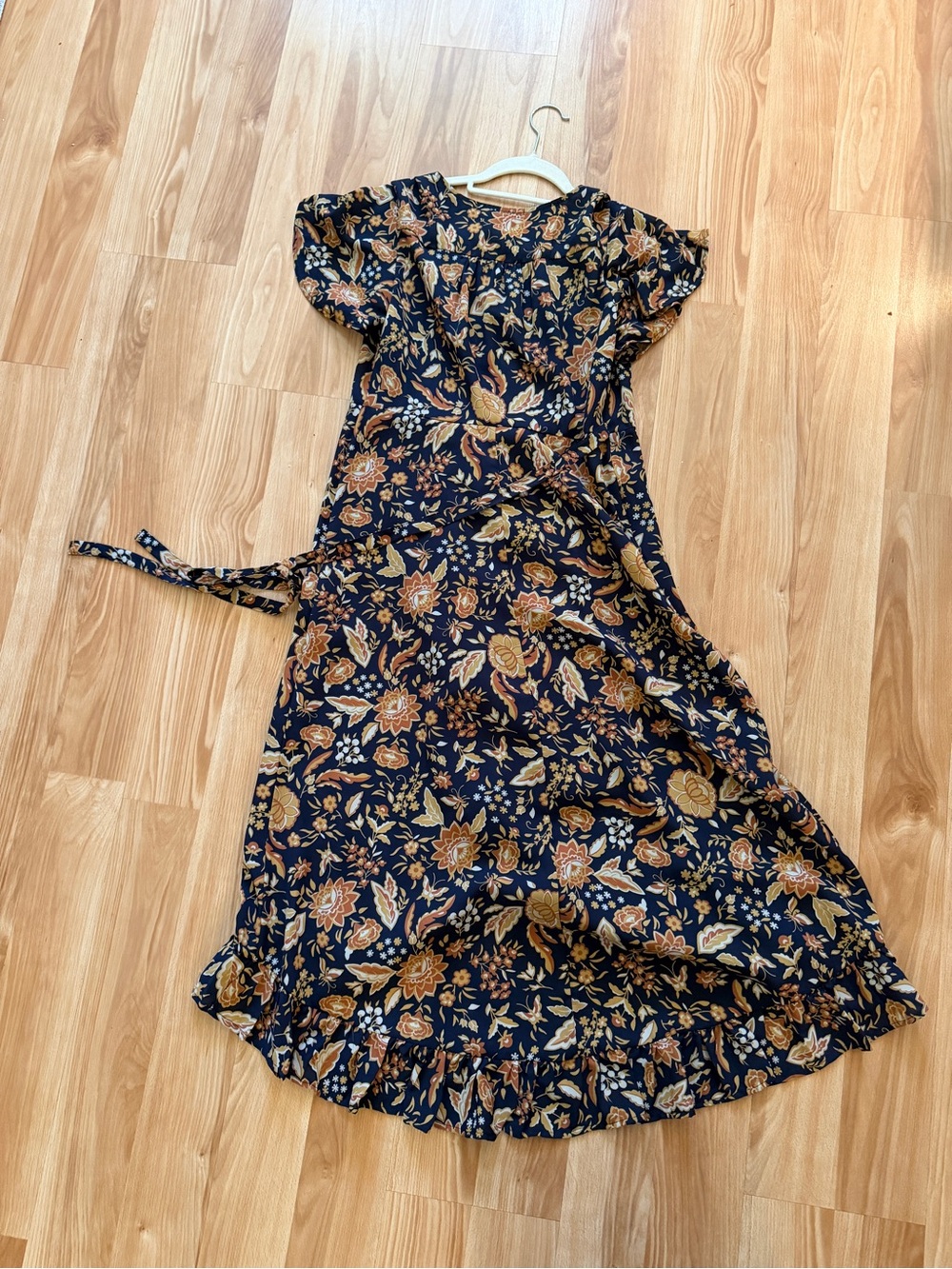 Blue Rain  Navy Floral Tie-Waist Maxi Dress with Mustard Accents